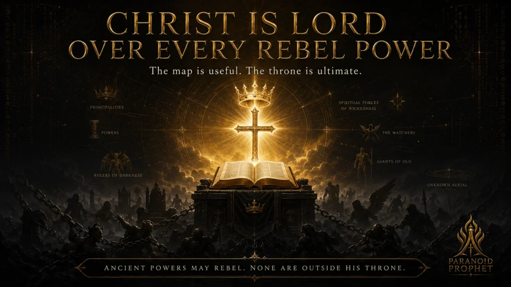 Black and gold closing banner showing a radiant cross, crown, and open Scripture above subdued rebel powers, emphasizing Christ’s lordship over the unseen rebellion.