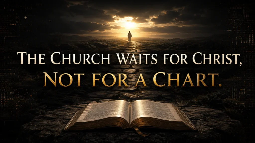 An open Bible beside a dark path leading toward a distant Christ-centered dawn, with the words “The Church waits for Christ, not for a chart.”