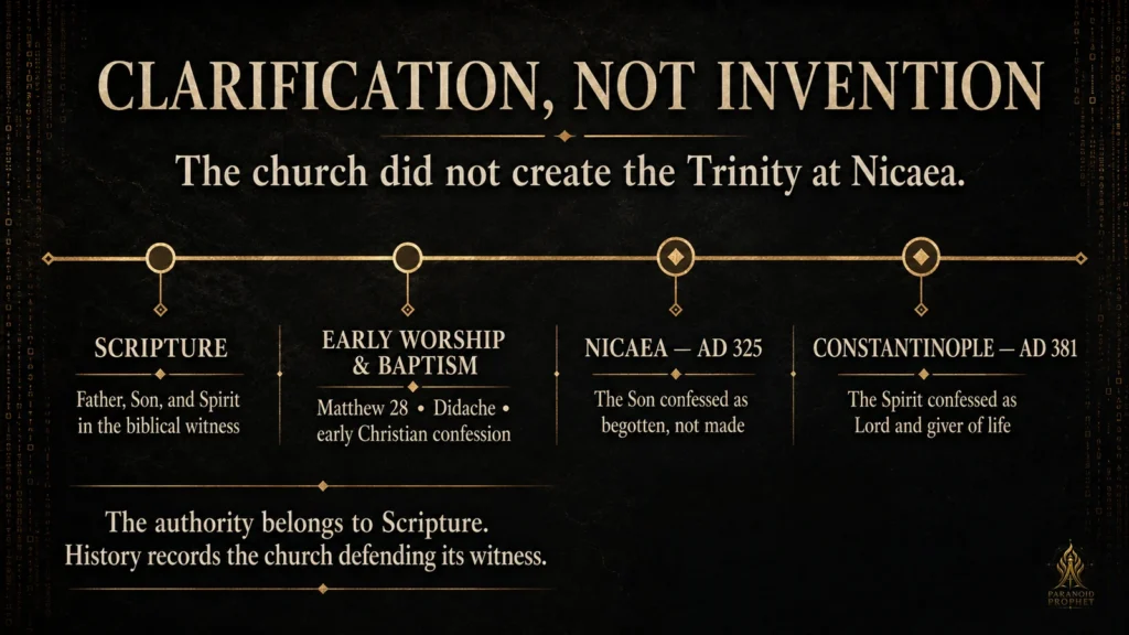 Christian Trinity timeline showing Scripture first, early Christian worship and baptism, Nicaea in AD 325, and Constantinople in AD 381, emphasizing that the church clarified rather than invented the doctrine.