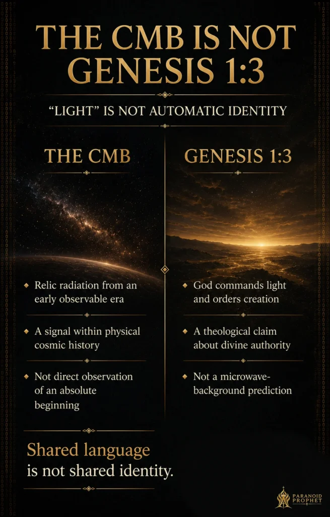 Christian infographic explaining that the cosmic microwave background is relic radiation from an early observable era, while Genesis 1:3 reveals God commanding light and ordering creation.