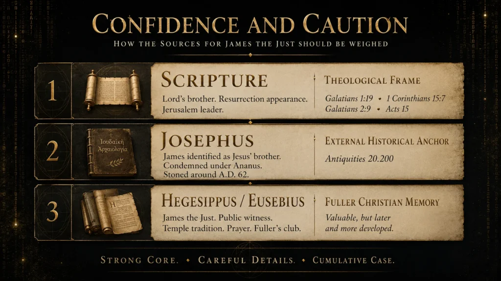 Infographic showing how sources for James the Just should be weighed, with Scripture as the theological frame, Josephus as the external historical anchor, and Hegesippus and Eusebius as fuller Christian memory.