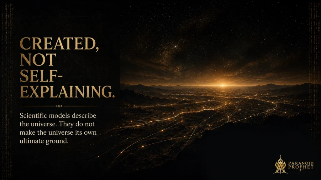 Dark cosmic landscape with subtle bronze-gold lines of ordered light across a distant horizon, illustrating that scientific models can describe the universe without making it self-explaining.