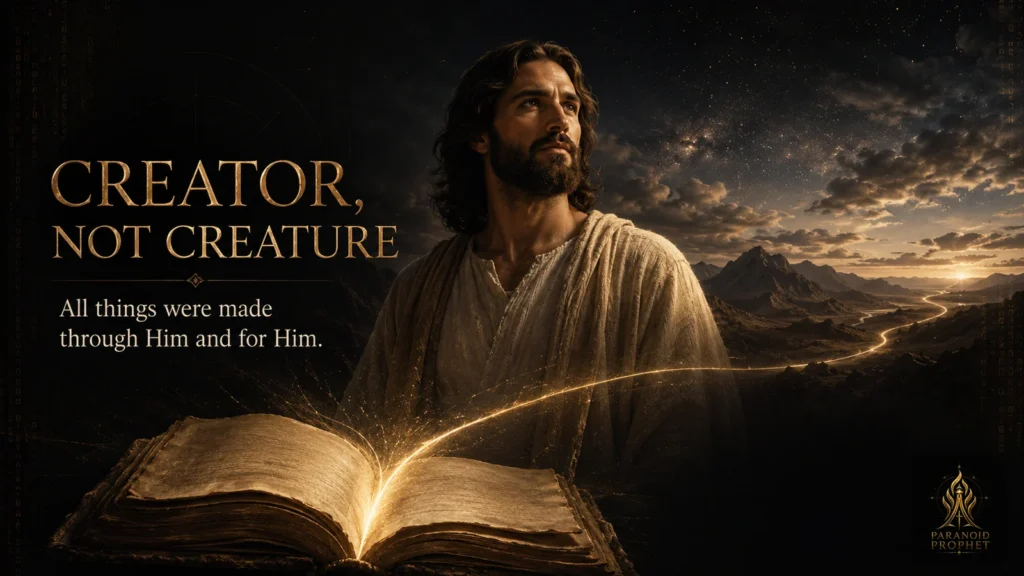 Jesus Christ stands beside an open ancient Scripture codex as a golden line of light reaches toward the created mountains, sky, and distant horizon, illustrating that all things were made through Him and for Him.