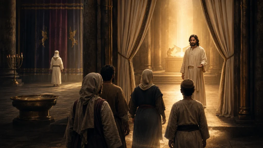 Jesus Christ opens the way for believers to draw near to God while a high priest approaches the closed veil of the historical Day of Atonement.