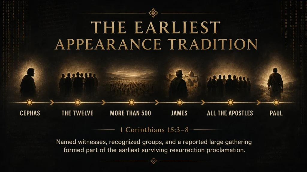 Paul’s resurrection appearance sequence in 1 Corinthians 15: Cephas, the Twelve, more than 500, James, all the apostles, and Paul.