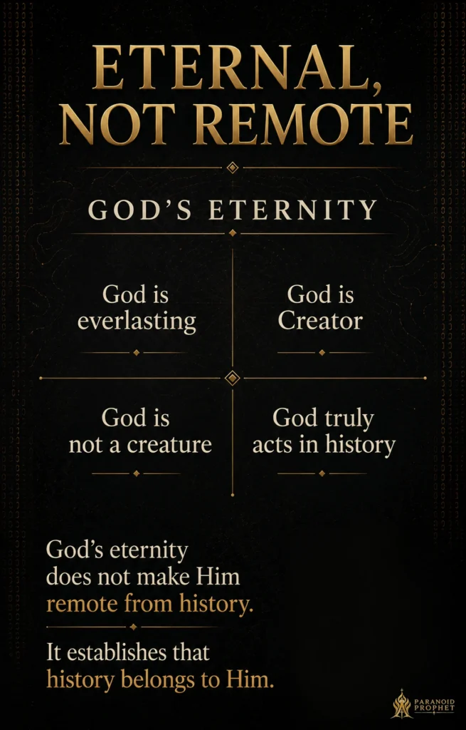 Christian infographic explaining that God is everlasting, Creator, not a creature, and truly acts in history, emphasizing that God’s eternity does not make Him remote from history.