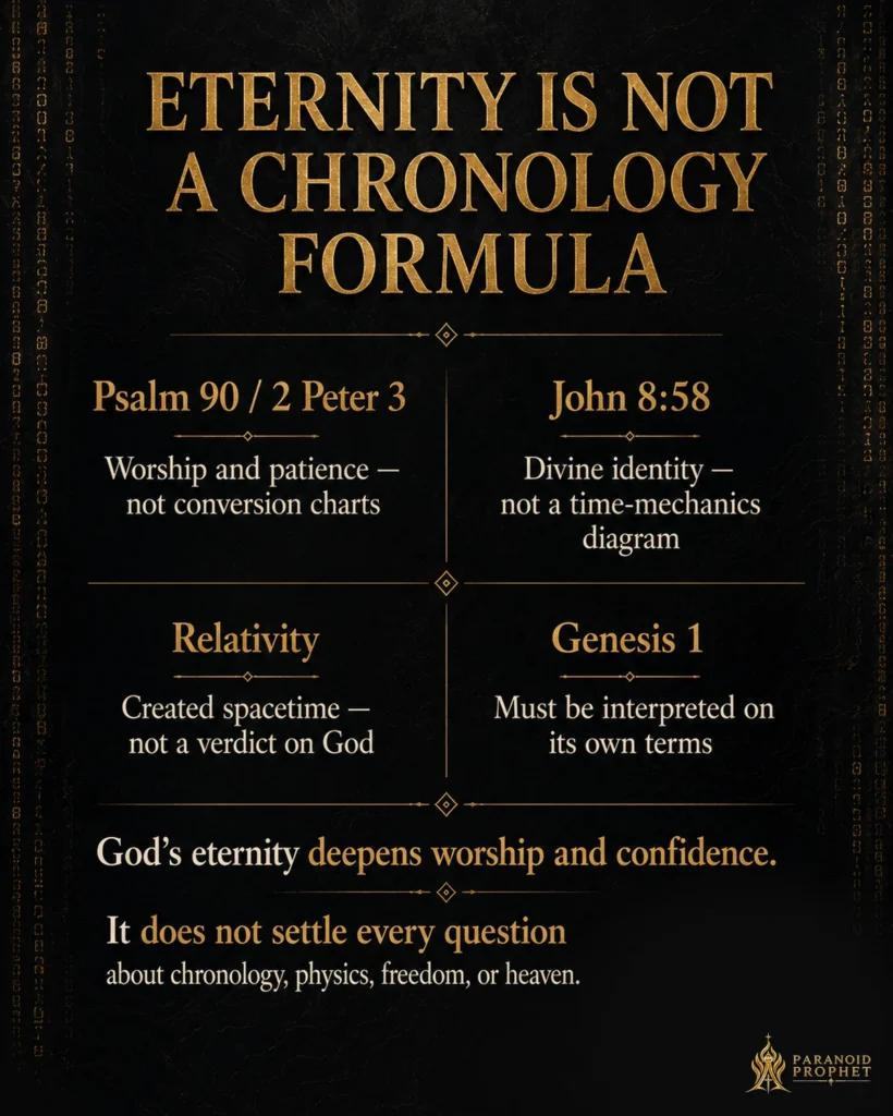 Christian infographic explaining that Psalm 90 and 2 Peter 3 concern worship and patience, John 8:58 reveals divine identity, relativity describes created spacetime, and Genesis 1 must be interpreted on its own terms.