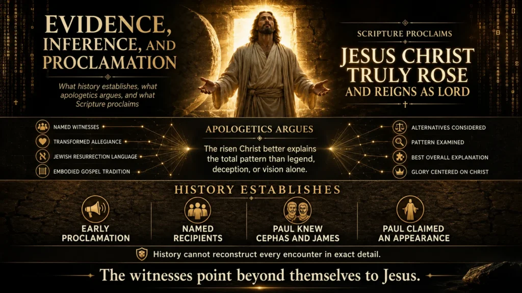Infographic distinguishing historical evidence, apologetic inference, and Scripture’s proclamation that Jesus Christ rose and reigns as Lord.