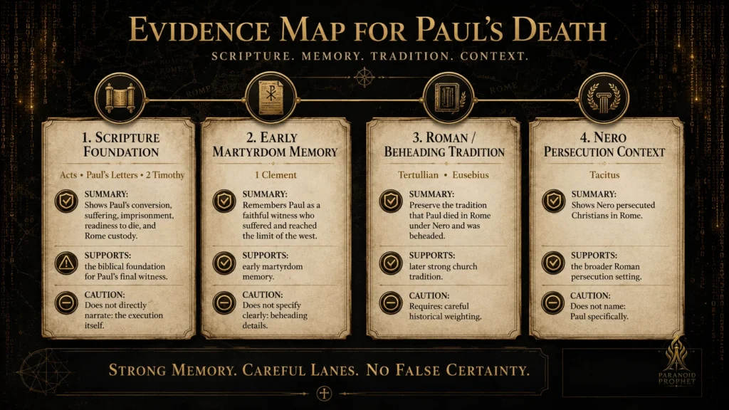 Infographic showing how the sources for Paul’s death should be weighed, with four lanes for Scripture foundation, early martyrdom memory, Roman and beheading tradition, and Nero persecution context.