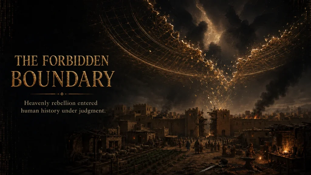 Conceptual illustration of a fractured heavenly boundary above an ancient settlement, representing Genesis 6 rebellion entering human history under judgment.