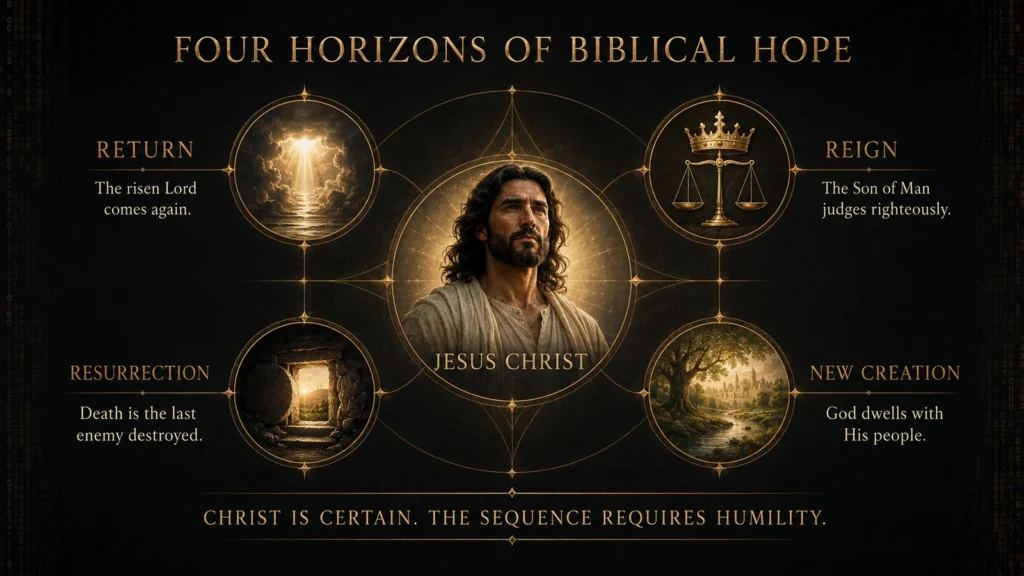 Christ-centered infographic connecting Jesus’ return, righteous reign, resurrection of the dead, and renewal of creation.