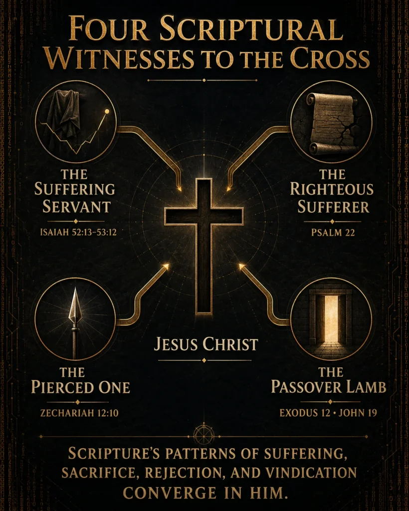 Infographic showing Isaiah 53, Psalm 22, Zechariah 12:10, and Passover converging in Jesus Christ and the cross.
