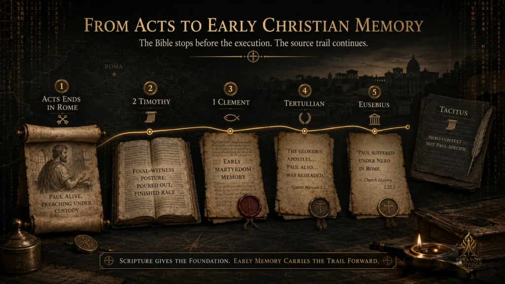 Source-trail graphic showing how Paul’s death evidence moves from Acts and 2 Timothy to 1 Clement, Tertullian, Eusebius, and Tacitus as Nero persecution context.
