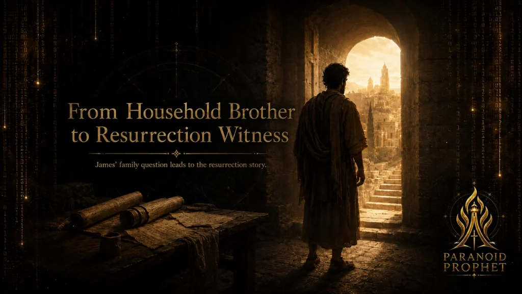 Closing banner showing James as a humble first-century witness looking toward resurrection light, with the title From Household Brother to Resurrection Witness.