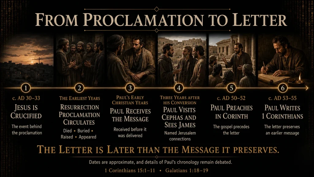 Timeline showing Jesus’ crucifixion, the early resurrection proclamation, Paul receiving the message, meeting Cephas and James, preaching in Corinth, and later writing 1 Corinthians.