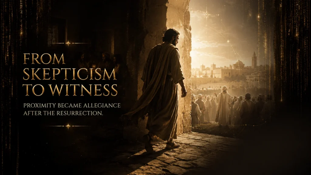 Banner showing James the Just crossing from household shadow into resurrection light, symbolizing his movement from family proximity to witness of the risen Christ.