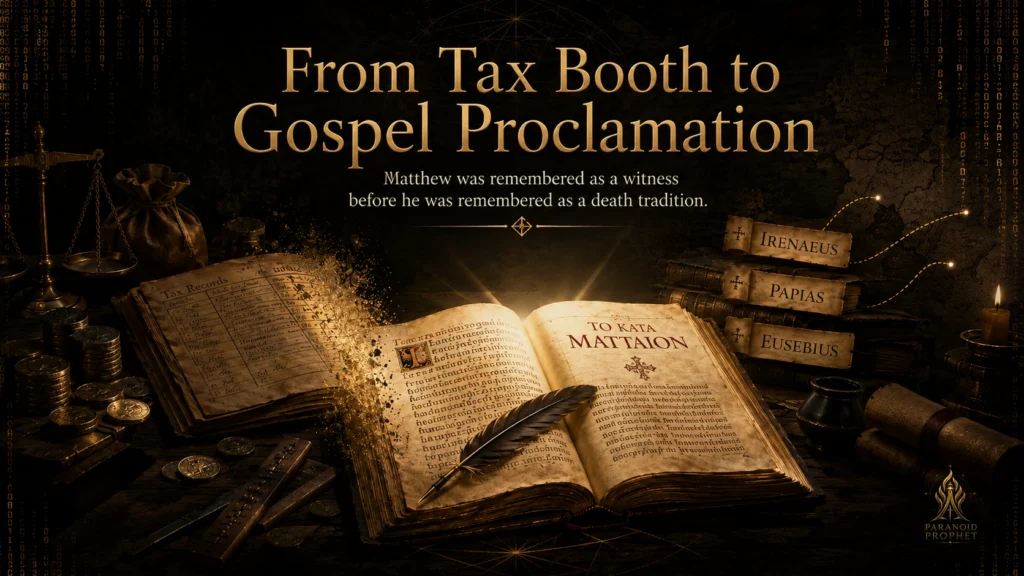 Banner showing Matthew’s tax records and coins fading into a glowing Gospel manuscript, with Irenaeus, Papias, and Eusebius as early Gospel-witness memory markers.