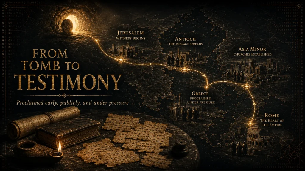 Black and gold Christian map showing the resurrection message spreading from Jerusalem to Antioch, Asia Minor, Greece, and Rome under pressure.