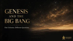 Dark star-filled sky above a bronze-gold cosmic horizon and distant mountains, illustrating Genesis and the Big Bang as different questions about one created universe.