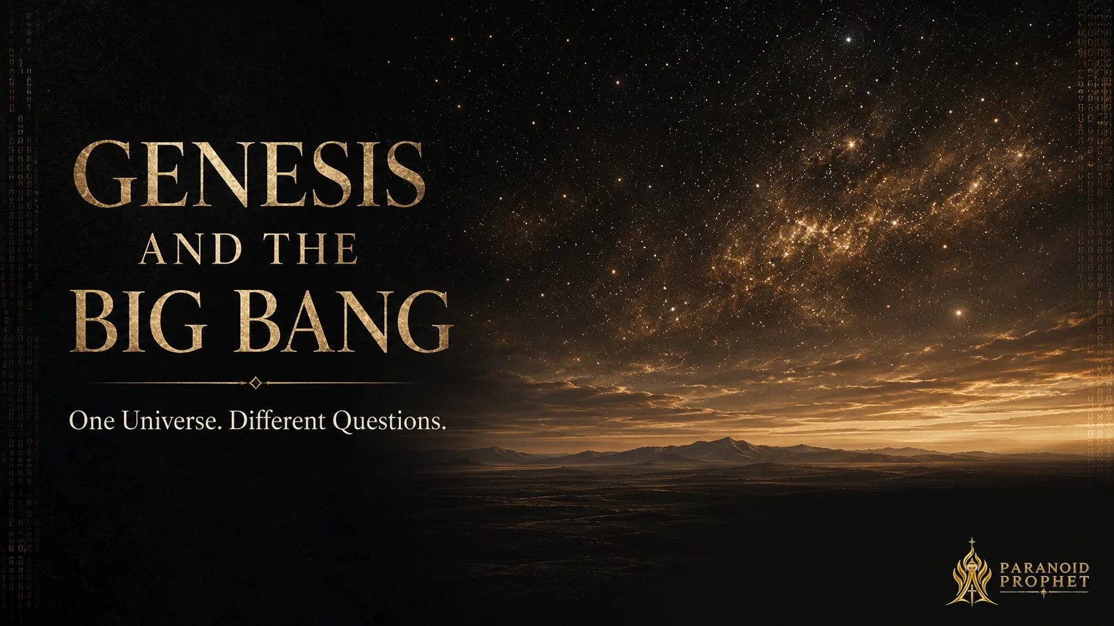 Dark star-filled sky above a bronze-gold cosmic horizon and distant mountains, illustrating Genesis and the Big Bang as different questions about one created universe.