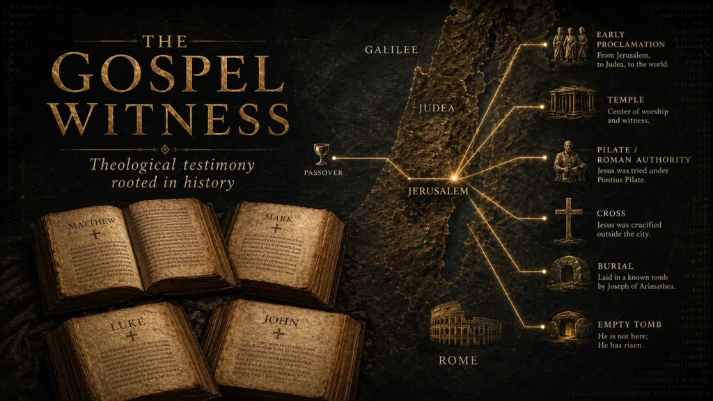Black and gold Christian editorial image showing Gospel manuscripts for Matthew, Mark, Luke, and John connected to Galilee, Judea, Jerusalem, Passover, Pilate, the cross, burial, empty tomb, and early proclamation.