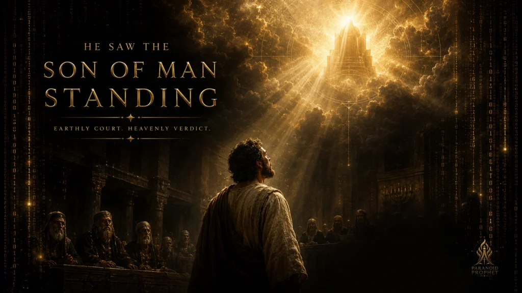 Banner image of Stephen looking upward in a dark council chamber as heaven opens above, symbolizing his vision of the Son of Man standing at God’s right hand.