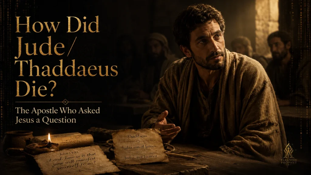 Featured image showing Jude Thaddaeus in an upper-room setting with John 14 and identity notes, emphasizing the apostle who asked Jesus a question.
