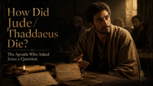 Featured image showing Jude Thaddaeus in an upper-room setting with John 14 and identity notes, emphasizing the apostle who asked Jesus a question.