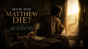 Featured image showing Matthew leaving a tax booth with coins, ledgers, and scales behind as he turns toward Christ-centered light, symbolizing the tax collector who followed Jesus.