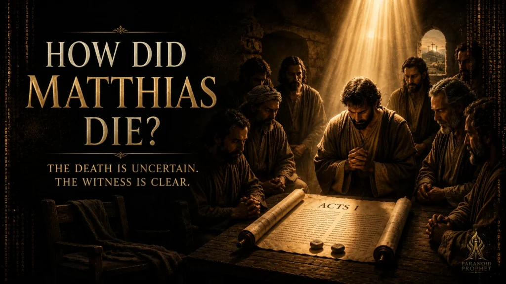 Featured image for How Did Matthias Die showing Matthias chosen after Judas in Acts 1 with prayer, casting lots, and the words The death is uncertain, the witness is clear.