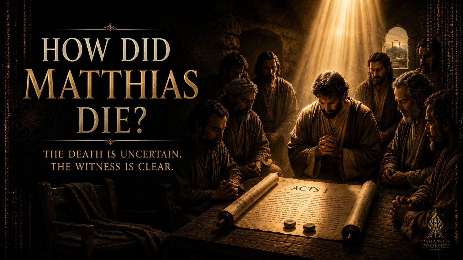 Featured image for How Did Matthias Die showing Matthias chosen after Judas in Acts 1 with prayer, casting lots, and the words The death is uncertain, the witness is clear.