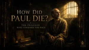 Featured image of the apostle Paul as an older prisoner in Roman custody, surrounded by scrolls and chains, with golden light entering the prison as he finishes his race in faith.