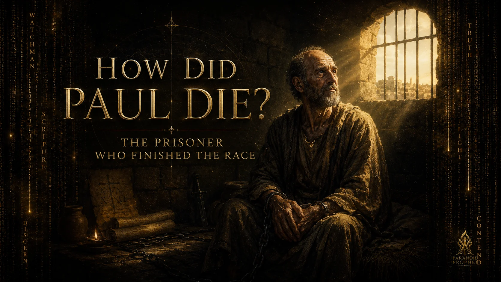Featured image of the apostle Paul as an older prisoner in Roman custody, surrounded by scrolls and chains, with golden light entering the prison as he finishes his race in faith.