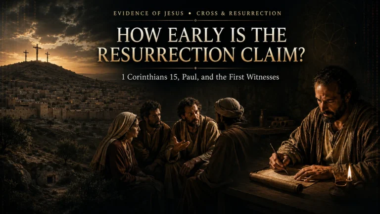 Featured image showing Golgotha, early witnesses discussing Jesus’ resurrection, and Paul writing 1 Corinthians.