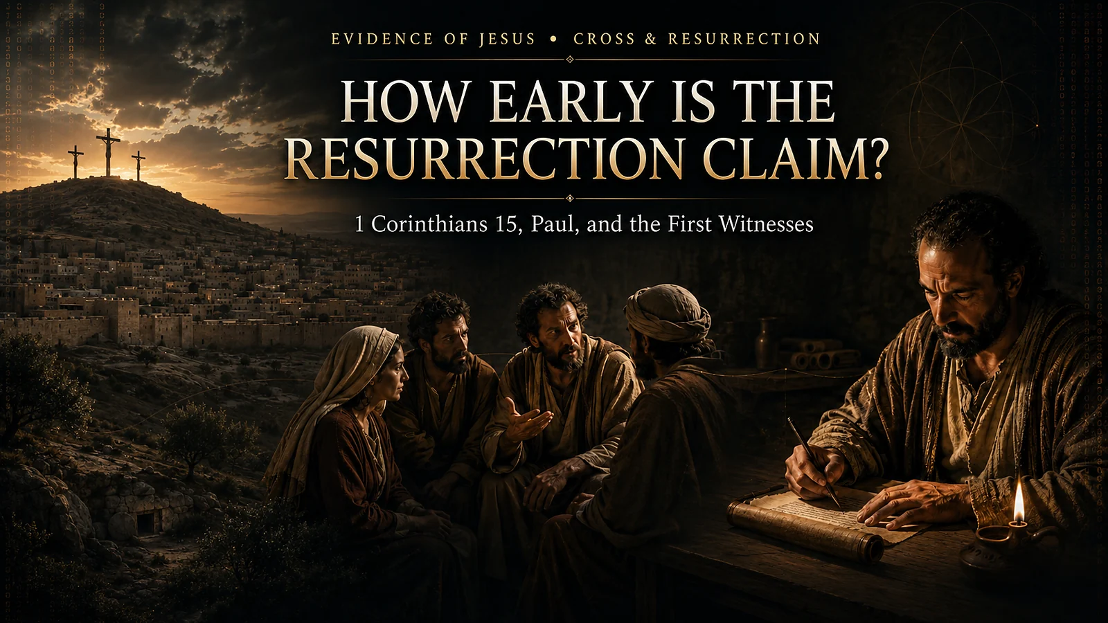 Featured image showing Golgotha, early witnesses discussing Jesus’ resurrection, and Paul writing 1 Corinthians.