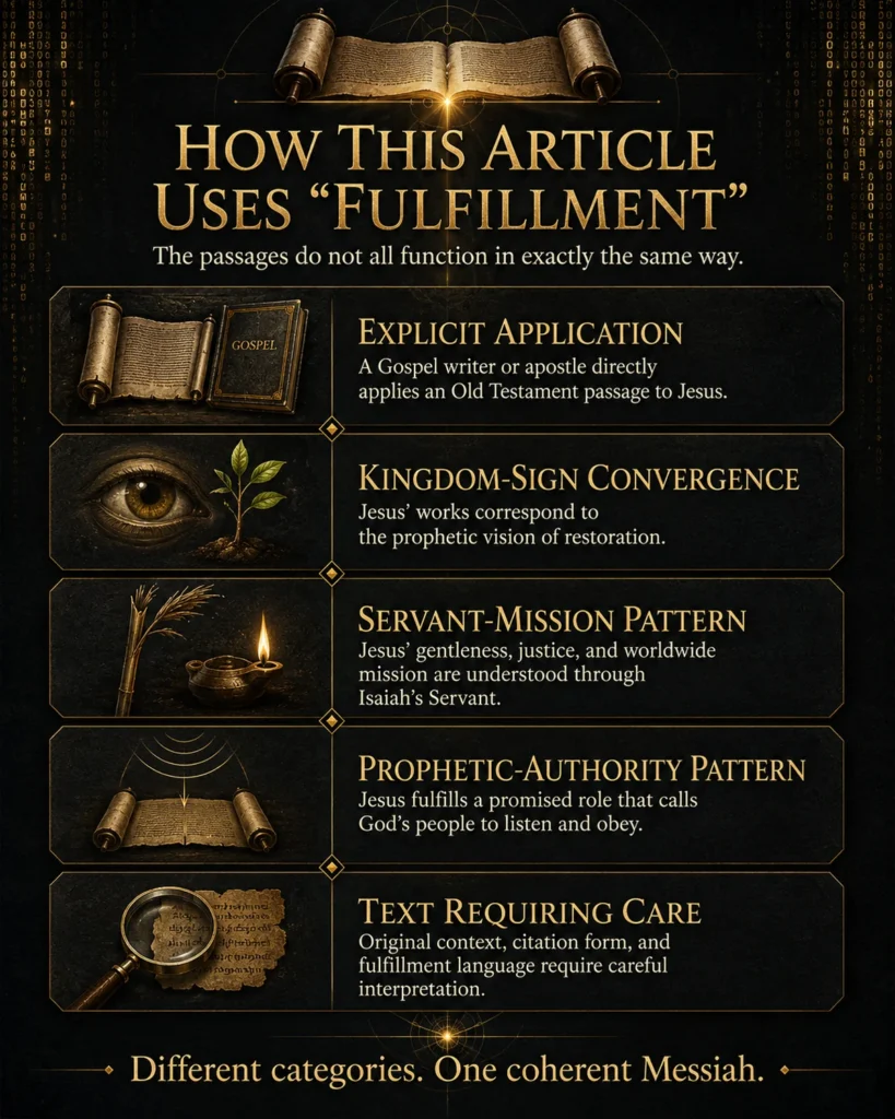 Infographic explaining five ways Scripture is applied to Jesus’ ministry, including explicit application, kingdom signs, Servant patterns, prophetic authority, and texts requiring care.