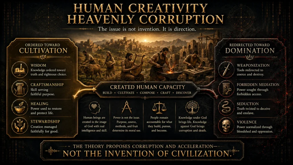 Infographic showing created human capacities such as agriculture, music, craftsmanship, and metalworking directed either toward cultivation or toward domination and violence.