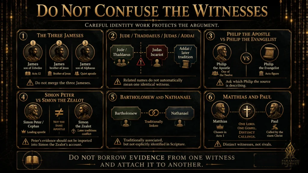 Infographic warning not to confuse biblical witnesses, including the three Jameses, Jude and Judas, Philip the apostle and evangelist, Simon Peter and Simon the Zealot, Bartholomew and Nathanael, and Matthias and Paul.