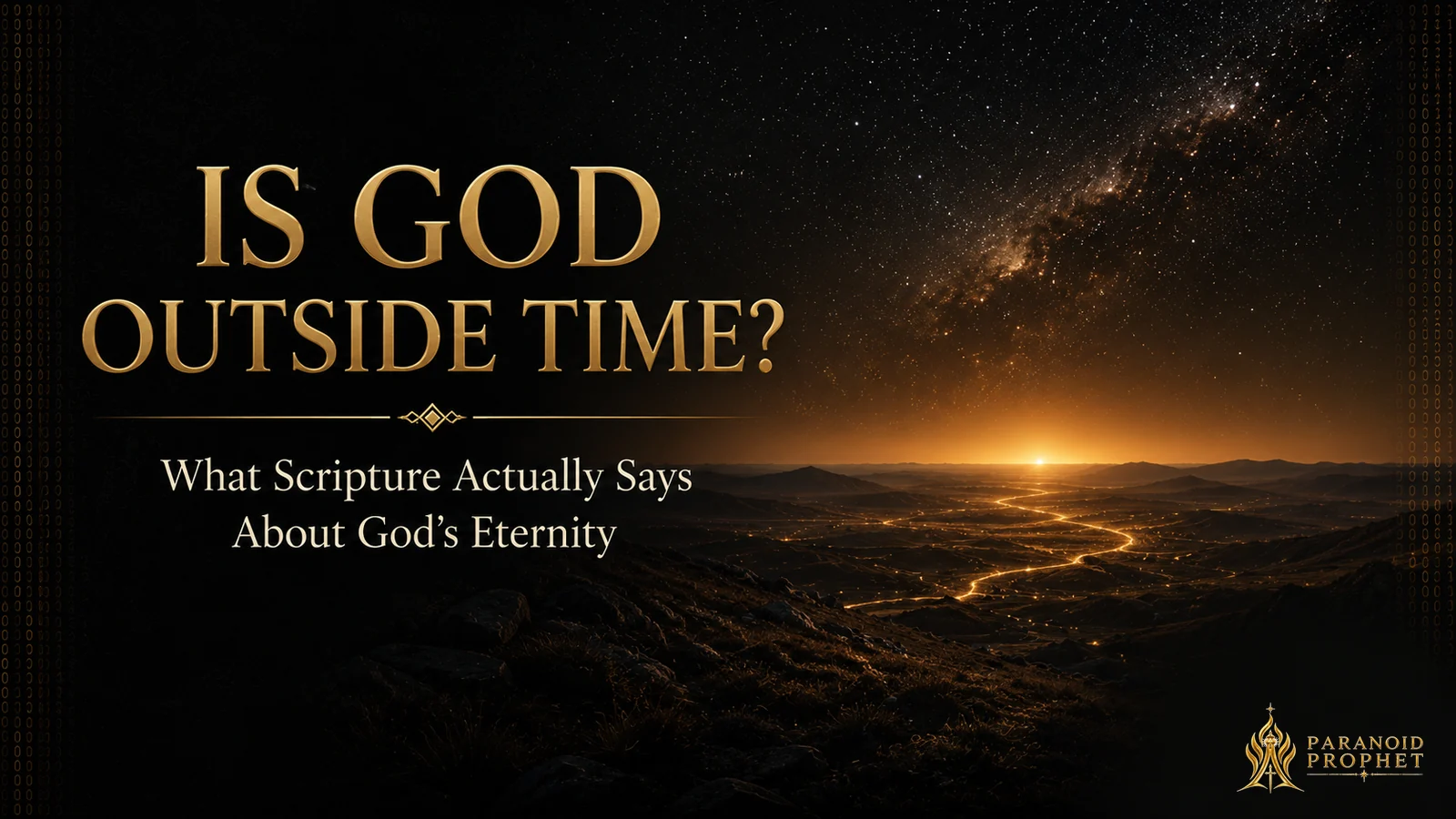 Dark star-filled sky over a distant bronze-gold dawn and a quiet mountain valley, illustrating the question of God’s eternity and His sovereign care over history.