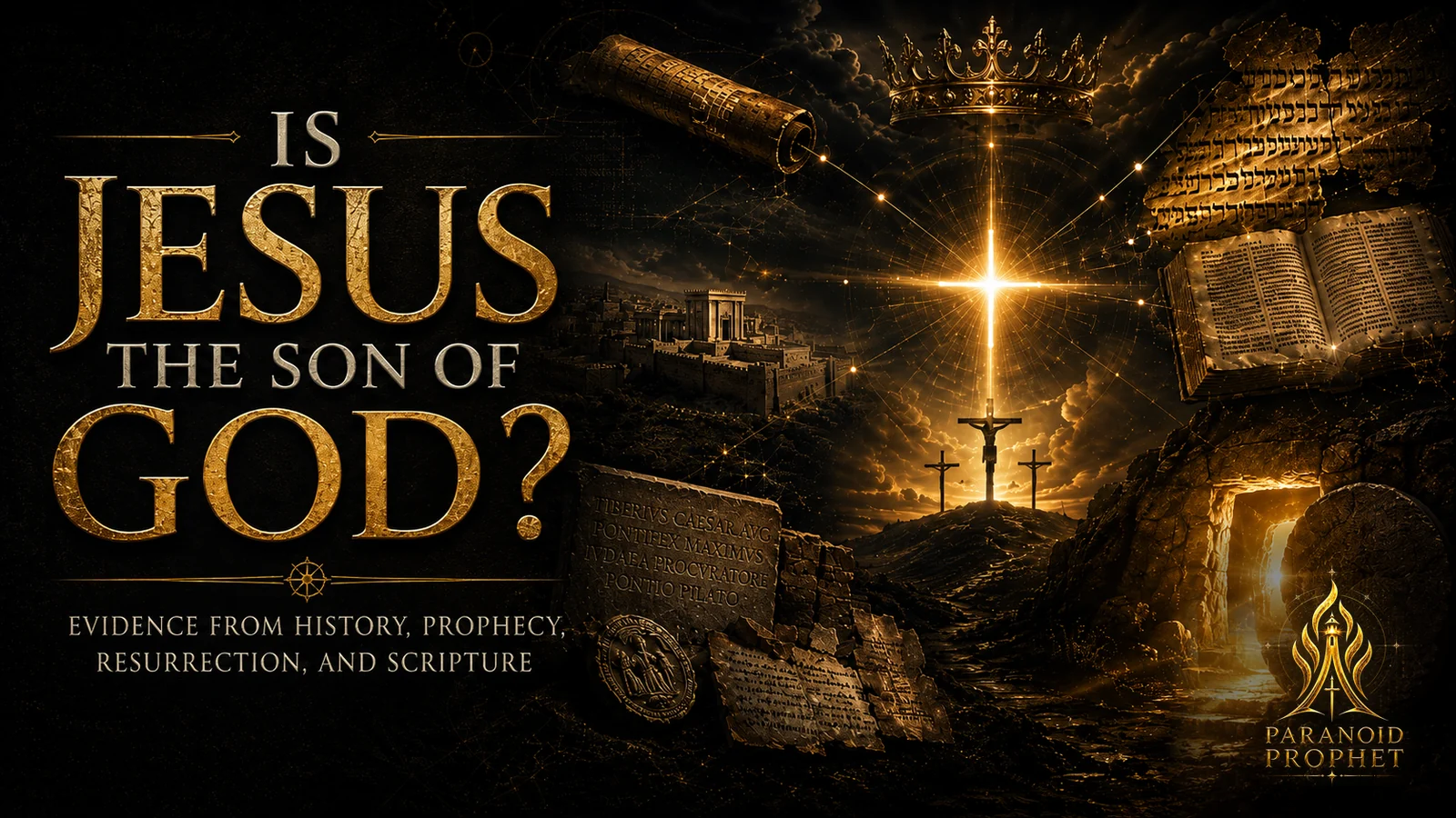 Cinematic Christian editorial image showing history, prophecy, Scripture, the crucifixion, and the resurrection converging on Jesus as the Son of God.