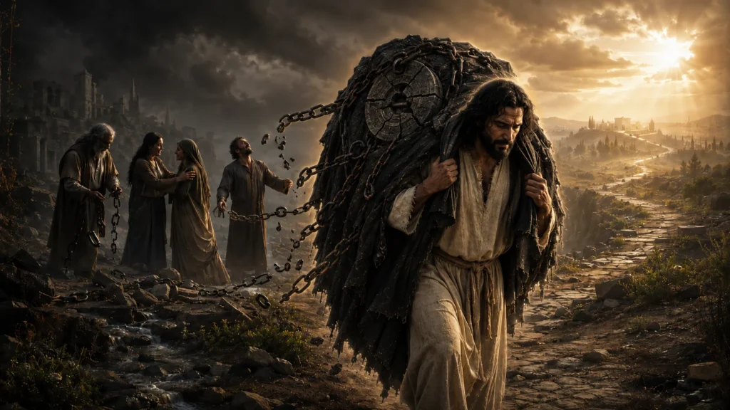 Jesus Christ carrying a dark symbolic burden of guilt and broken chains while people behind Him are released and a path opens toward the light.
