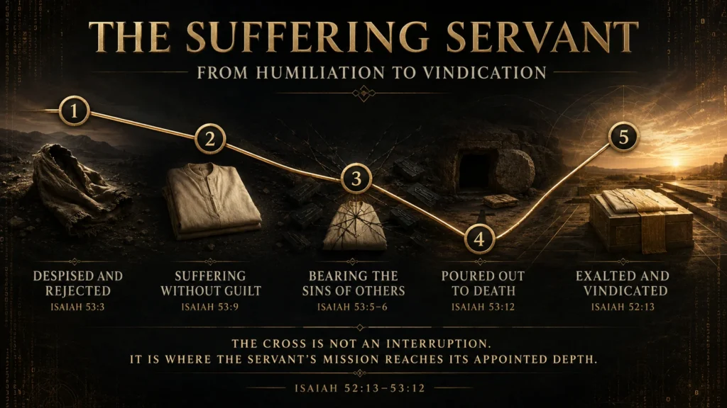 Isaiah 53 timeline showing the suffering Servant despised and rejected, suffering without guilt, bearing the sins of others, poured out to death, and exalted by God.