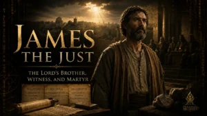 Featured image of James the Just, the Lord’s brother, shown as a sober Jerusalem leader and witness, with Scripture, Josephus, Hegesippus, and martyrdom symbols.