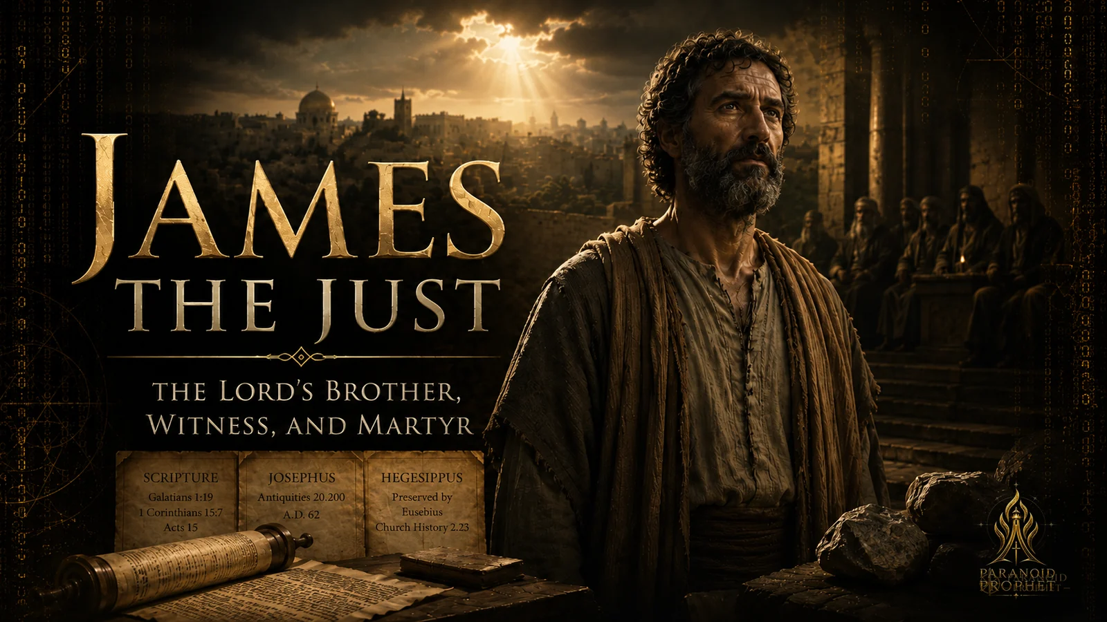 Featured image of James the Just, the Lord’s brother, shown as a sober Jerusalem leader and witness, with Scripture, Josephus, Hegesippus, and martyrdom symbols.