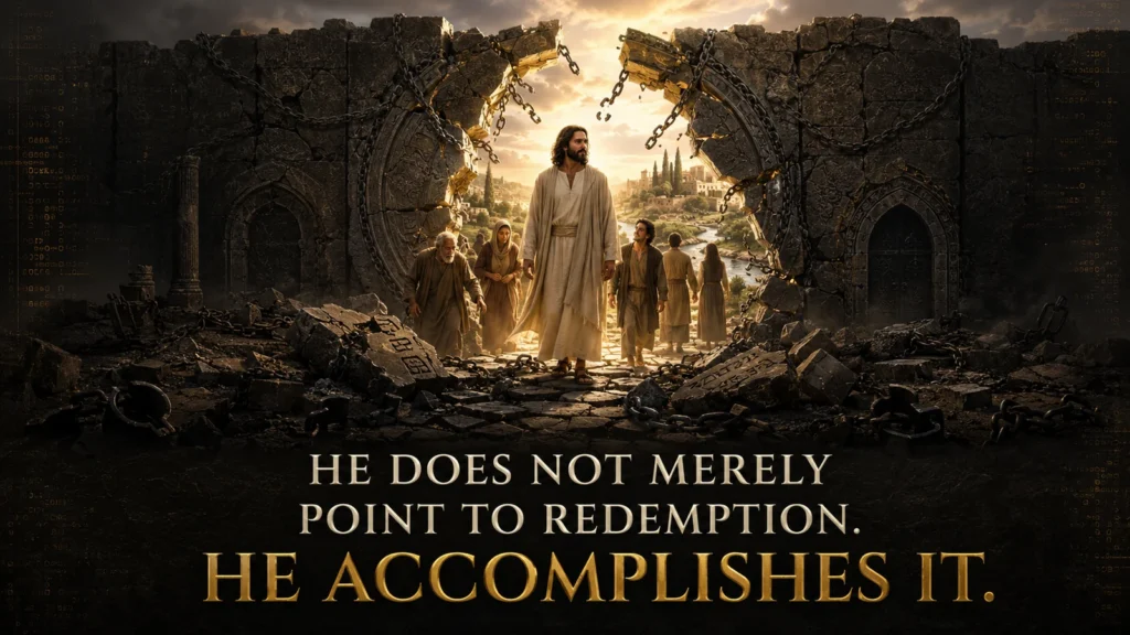 Jesus Christ standing within a shattered chained barrier as redeemed people pass through, with the words “He does not merely point to redemption. He accomplishes it.”