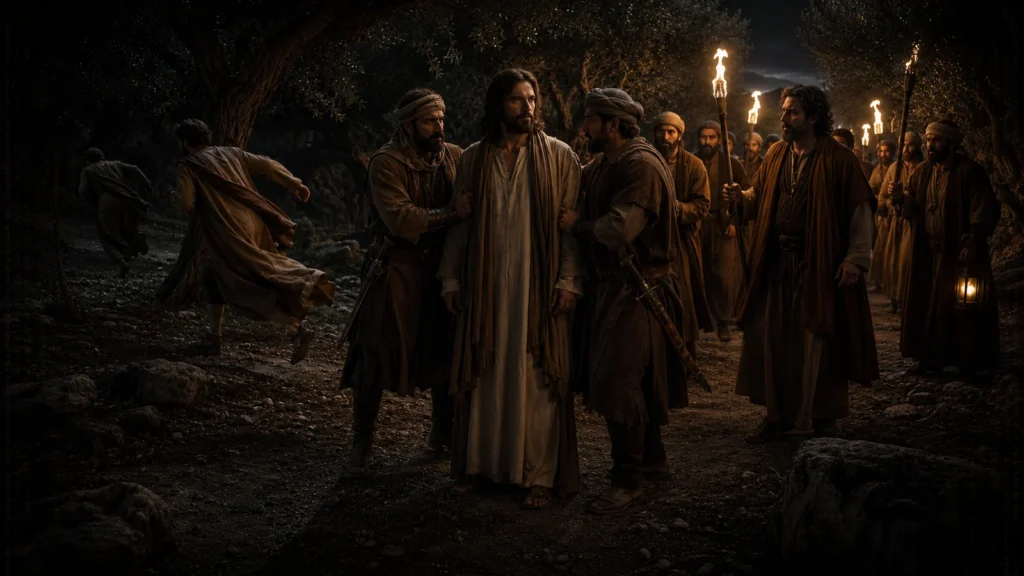 Jesus remains calm as guards arrest Him in Gethsemane, Judas stands with the arresting party, and frightened disciples flee into the olive grove.