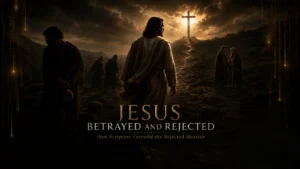 Jesus walks toward the cross as Judas conceals silver, the disciples scatter, and religious leaders confer in the distance.