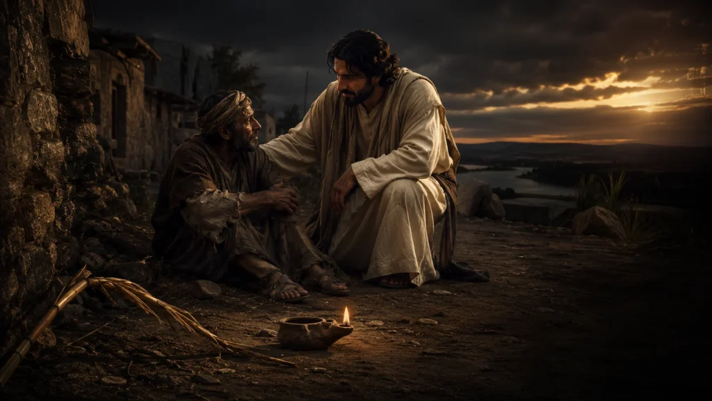 Jesus comforts a weary man beside a bruised reed and a small burning lamp at dusk.
