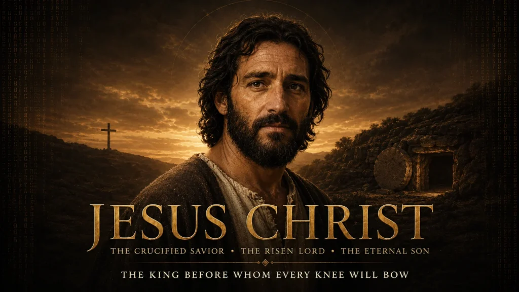 Jesus Christ with a distant cross and open tomb, representing the crucified Savior, risen Lord, eternal Son, and reigning King.
