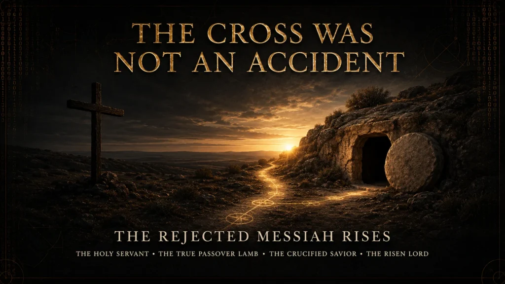 An empty cross and open rock-cut tomb at dawn represent Jesus’ crucifixion, burial, resurrection, and vindication.